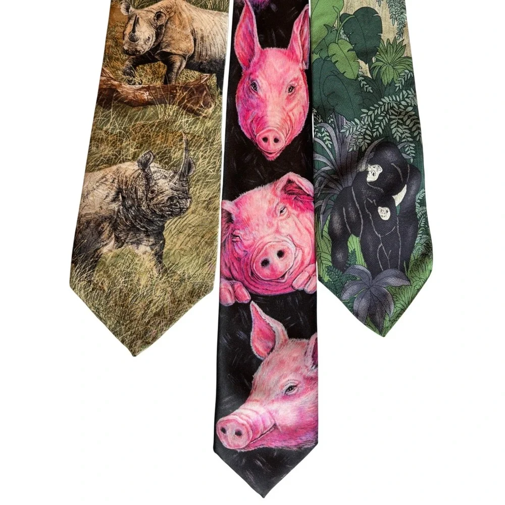 Lot 3 Vtg Animal Print Neckties Wildlife Endangered Species WWF Mens Tie Novelty
